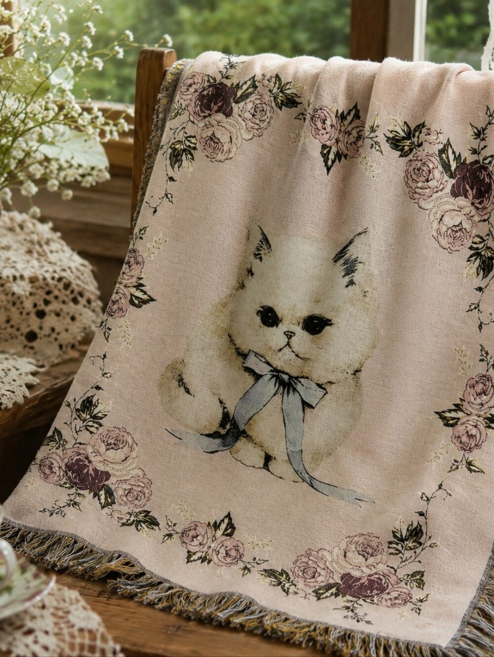 New Cottage Core Woven Blanket Throw Cat Lover Kitten Pink Shabby Chic Lightweig